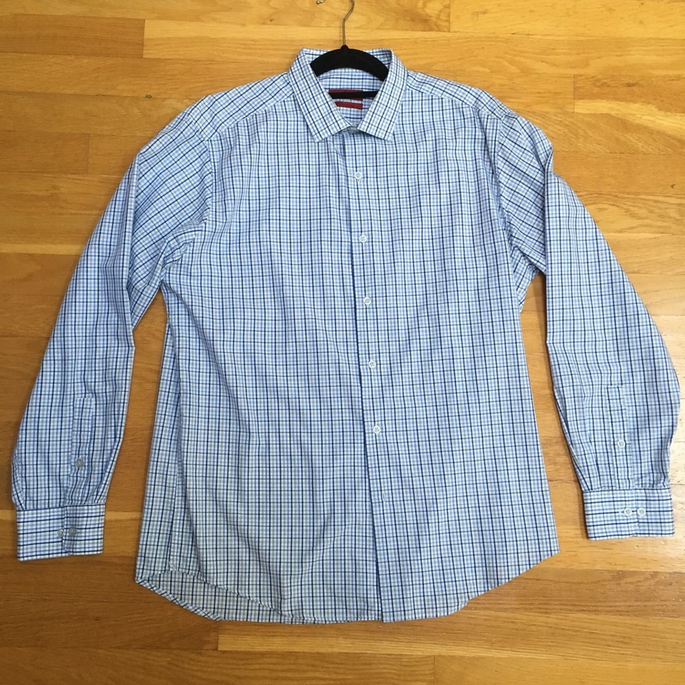 Alfani Fitted Performance Blue White Checked Butt… - image 7